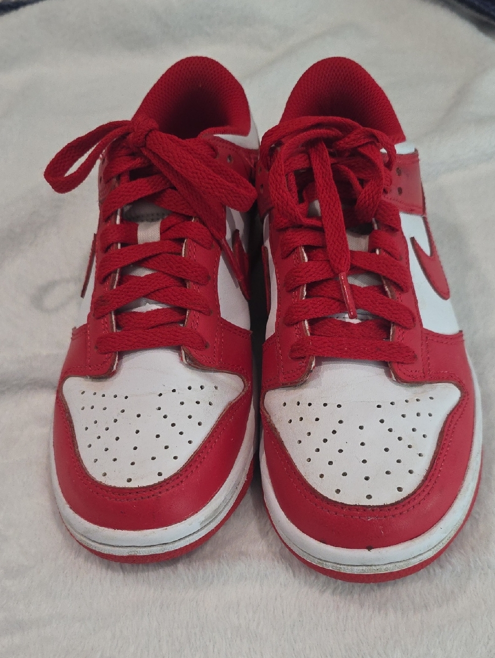 Kids Red and White Nike Dunks